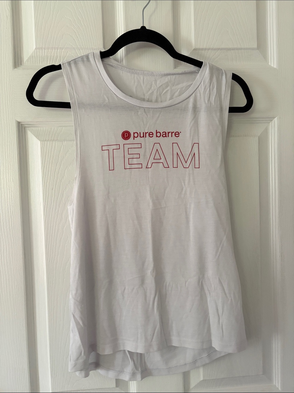 Pure Barre White Muscle Tank with Red TEAM Logo